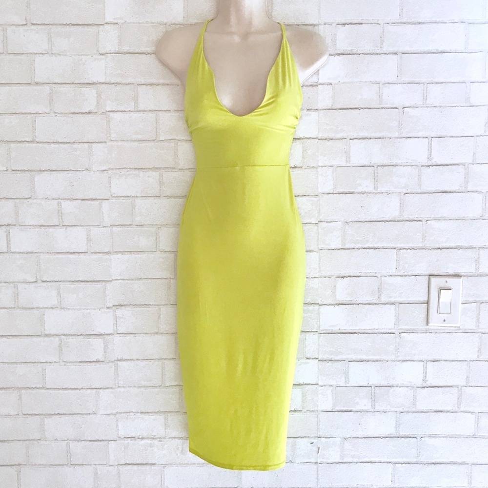 Lime Plunge Neck Midi Dress - Neon Yellow